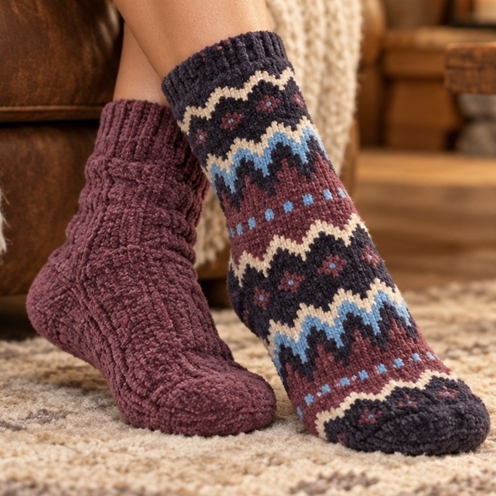 Muk Luks Women 2 Pair Pack Cabin Socks Purple Fair Isle Chenille S/M 5-7 NEW